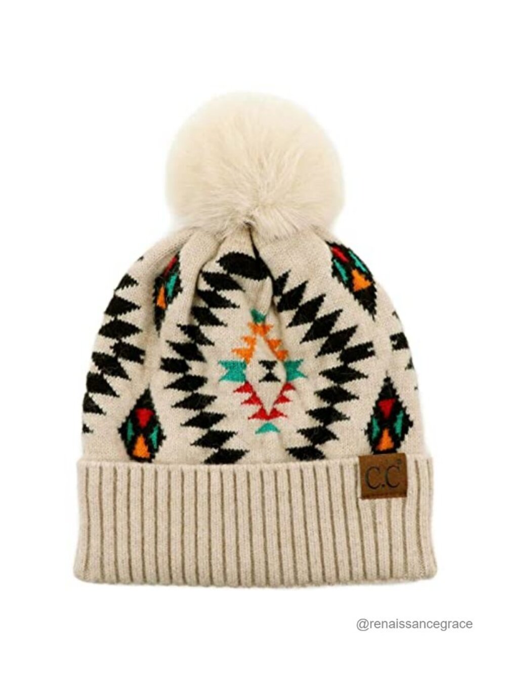 Cable Knit Beanie with Faux Fur Pom, Chunky Stretchy Pull-On Winter Hat